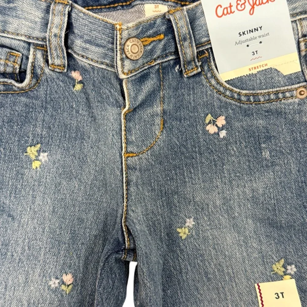 Cat & Jack Skinny Denim Jeans‎ Stretch Flower Embroidery Girls New NWT